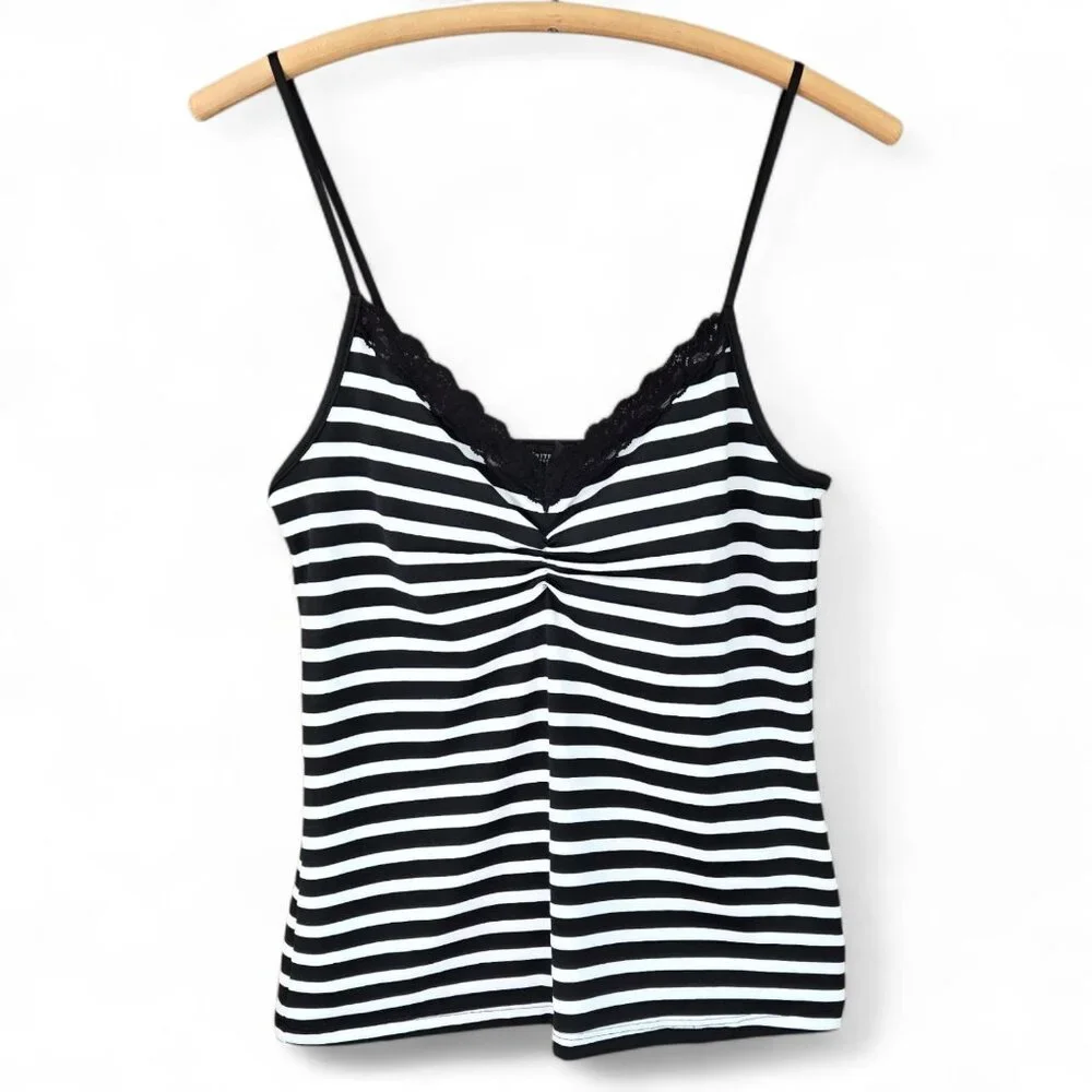 White House Black Market Womens Striped Lace-Trim Camisole Black & White Size M - Picture 1 of 7